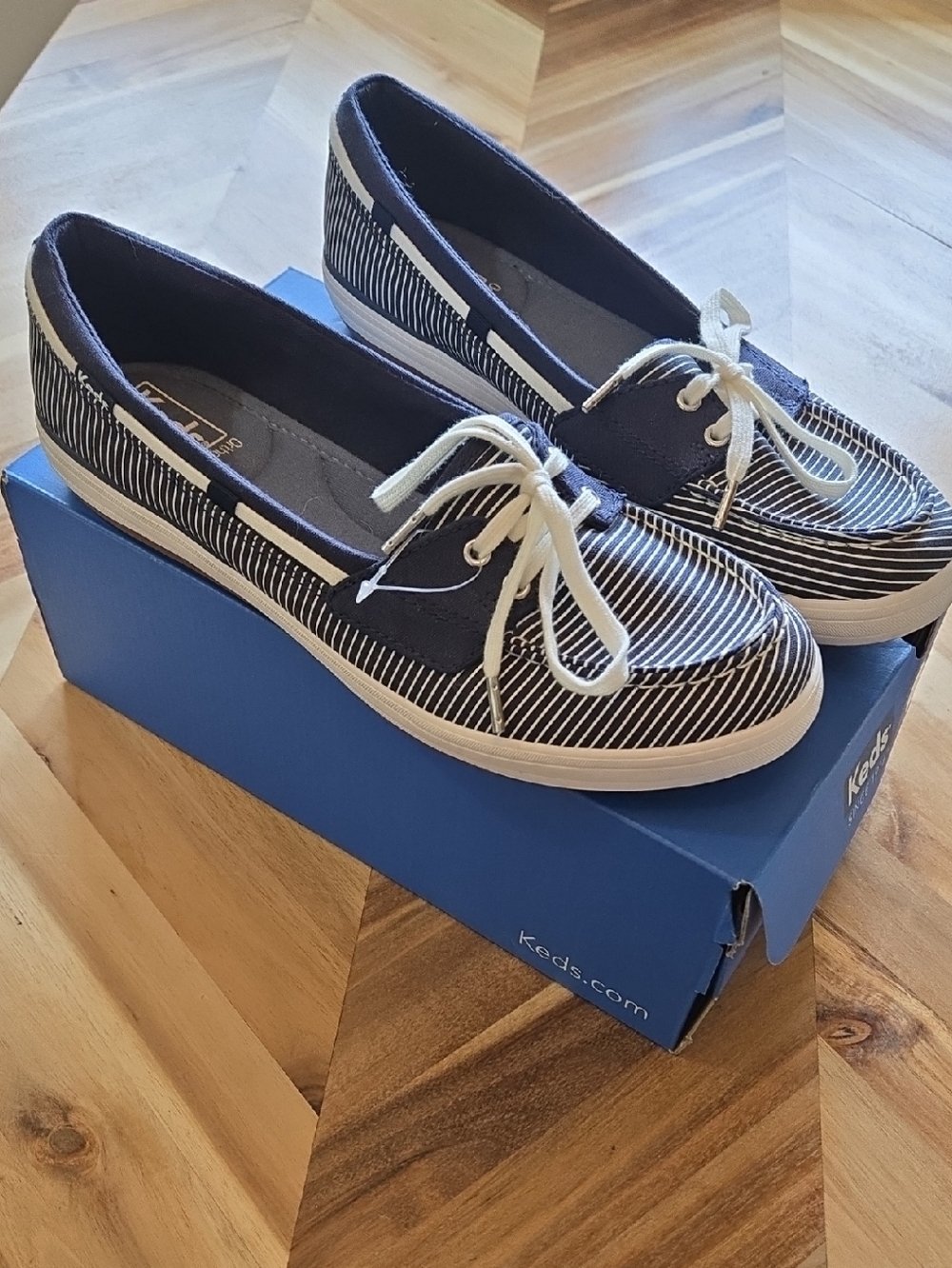 Keds Navy and White Striped Canvas Lace-Up Flats